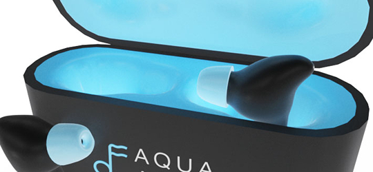 Full image of the Aquabuds case with the aquabuds in the case and on the side