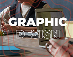 Styleframe of a student working with the words Graphic Design overtop and Fanshawe's wavy red lines coming out of the center