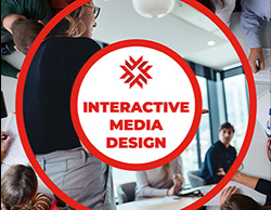 Styleframe of multiple circular shots of classrooms, each with a red border and coming out of the middle, with the program name and Fanshawe logo at the center