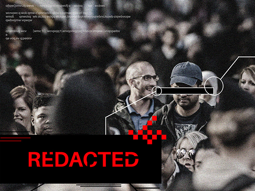 A stillframe from the title sequence showing a man walking through a crowd with graphical security elements 